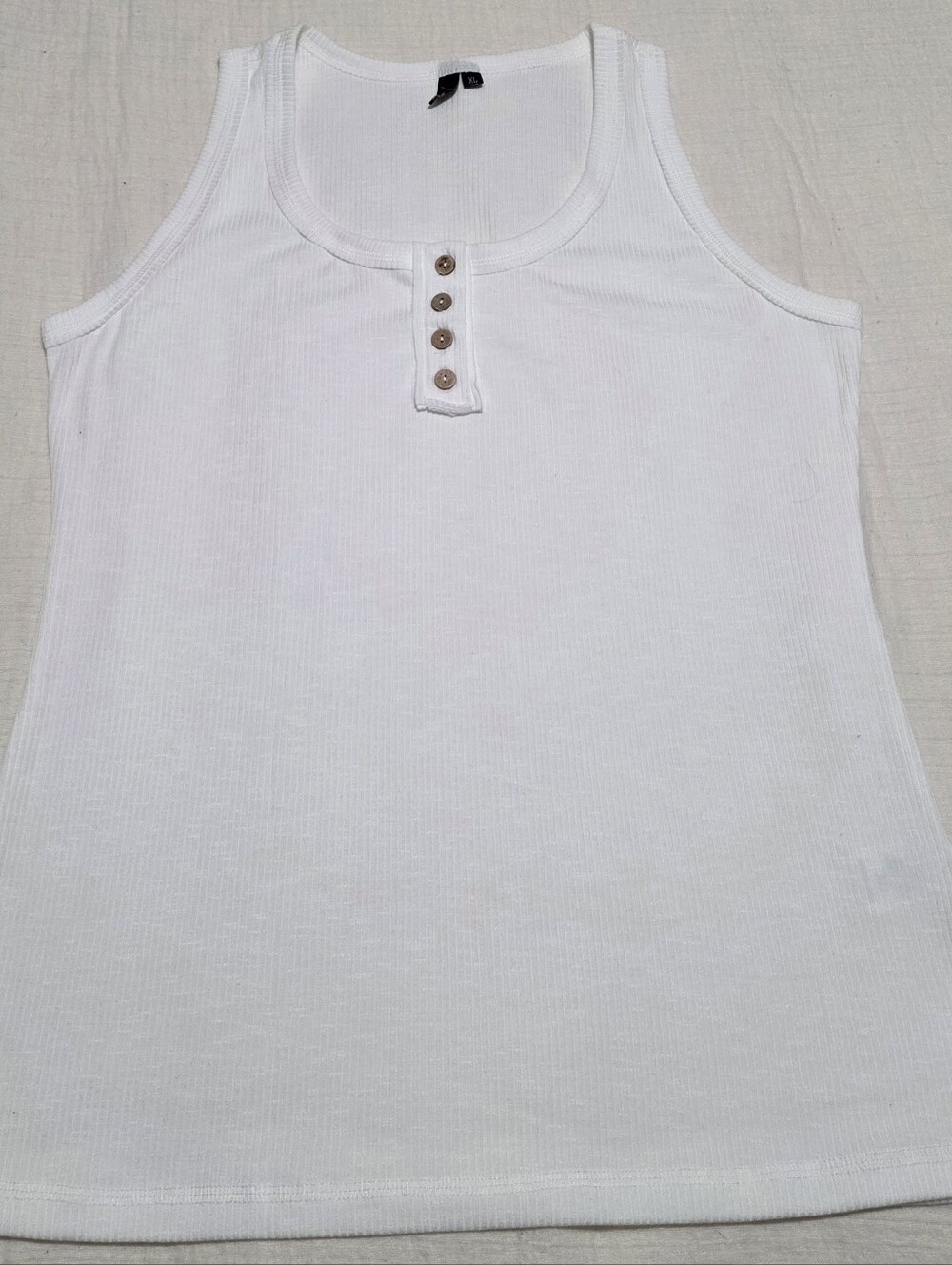 Women's White Ribbed Tank with Button Placket